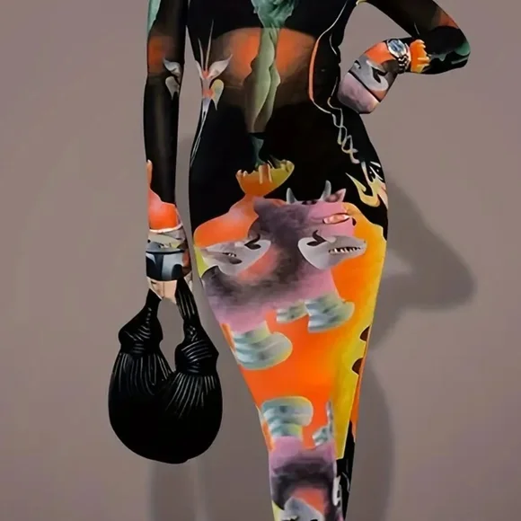 Colorful Abstract Print Long Sleeve Maxi Dress - Picture 4 of 6